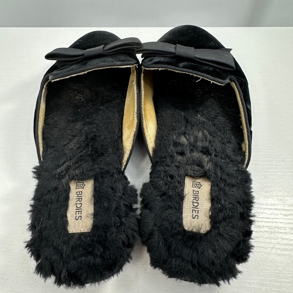 Birdies faux fur bow slippers 5.5 mule style travel mid 2000's goth dark romance - Picture 3 of 7